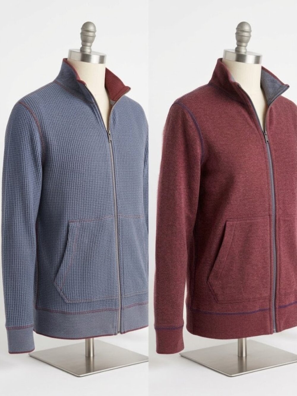 Robert Graham Reversible Zip Sweater Jacket Blue Waffle Maroon Knit Medium Flaw